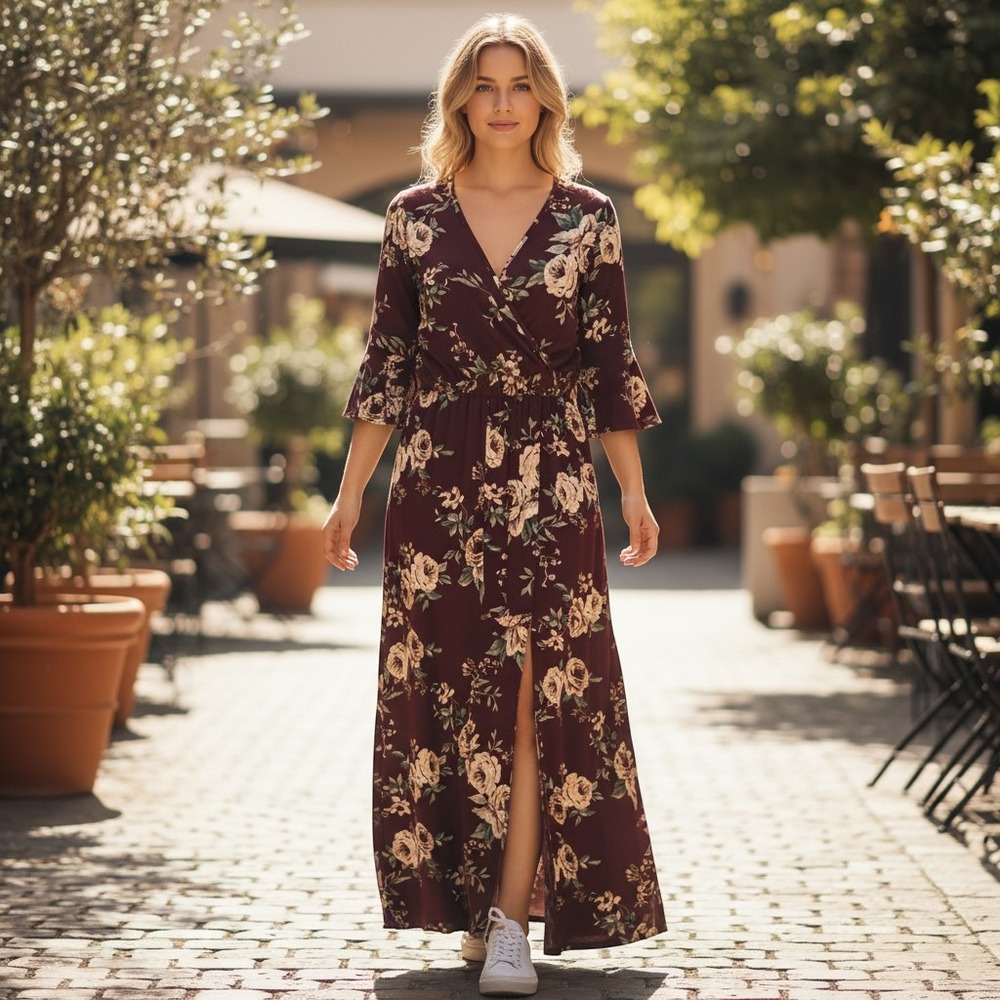 Mi Ami Floral Maxi Romper Dress‎ Womens Small Burgundy Boho Bell Sleeve Skort